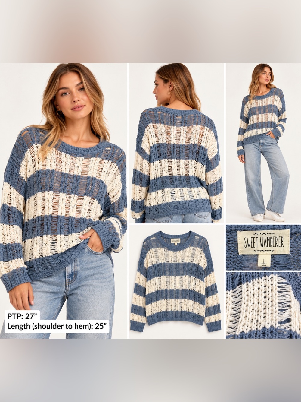 Sweet Wanderer Blue & Cream Striped Distressed Open Knit Sweater Size L NWT